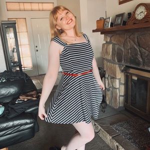 Blue and white striped dress w red belt